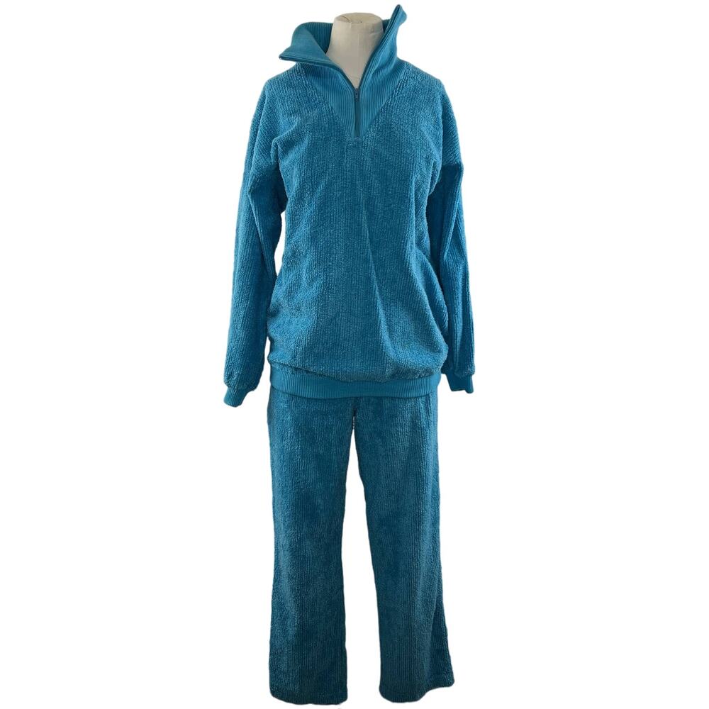 VINTAGE Intime Women 2pc Teal Blue Cotton Terry Lounge 1/4 Zip Tracksuit Small S
